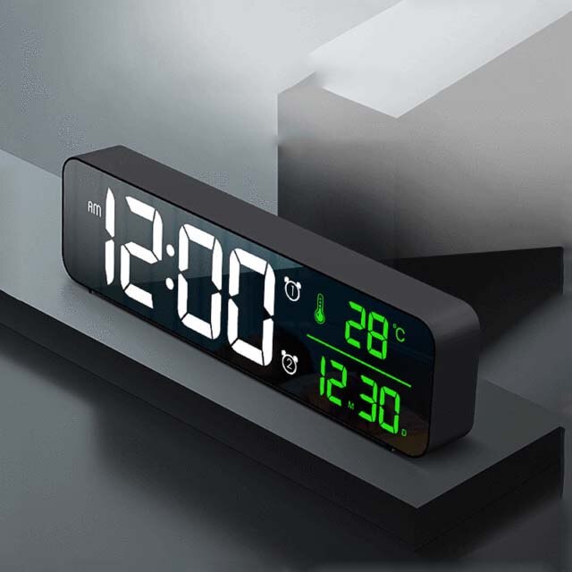 Long Music LED Digital Alarm Clock Mirror Clocks Temperature Date Display Desktop Home Table Decoration Electronic Clock: Black-A
