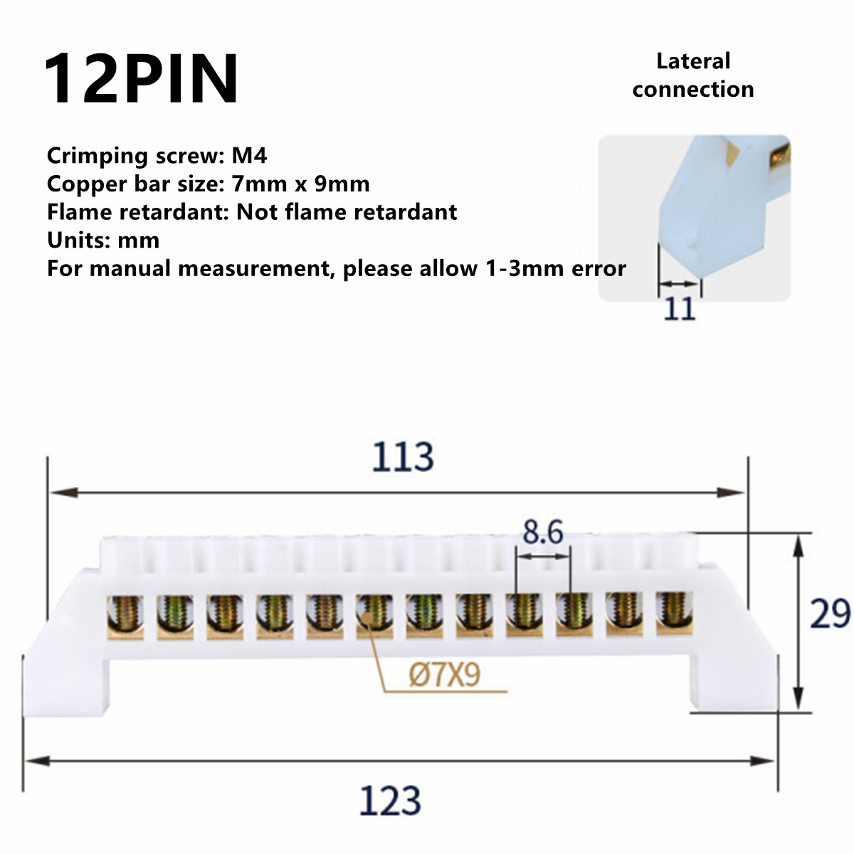 Blue White Green Zero Line 4Pin 6Pin 8Pin 10PiN 12PiN Brass Screw Grounding Bridge Terminal Block Connector Earth And Neutral: White 12 Pin