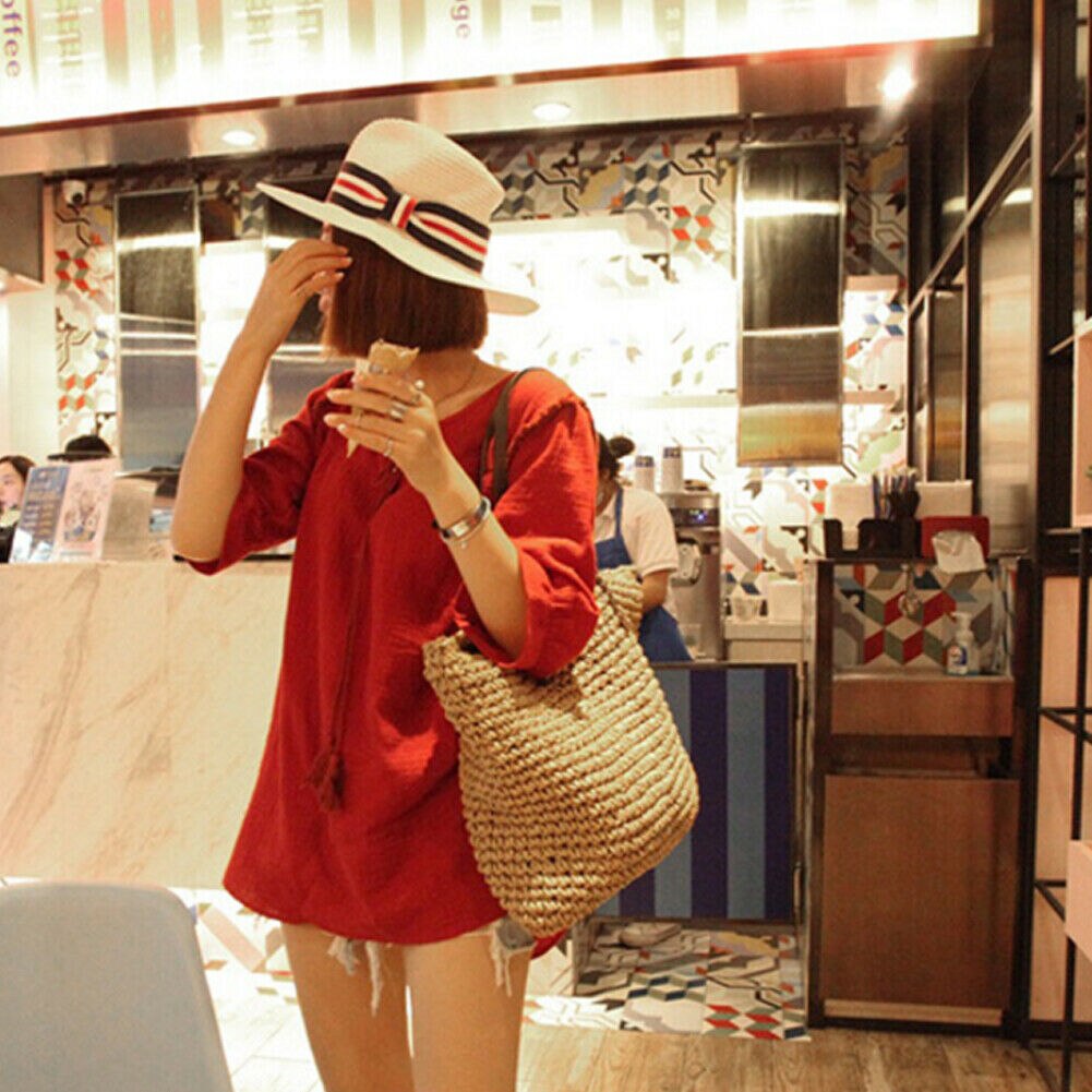 Casual Women Handbag Summer Beach Vintage Handmade Knitted Straw Rattan Bag Large Shoulder Bags Boho Woven Handbag