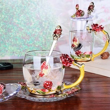 Rose Blossom En Strass Versierd Emaille Koffie Cup Beker Bloem Thee Glas Melk Cups Legering Handgreep Kopjes En Mokken