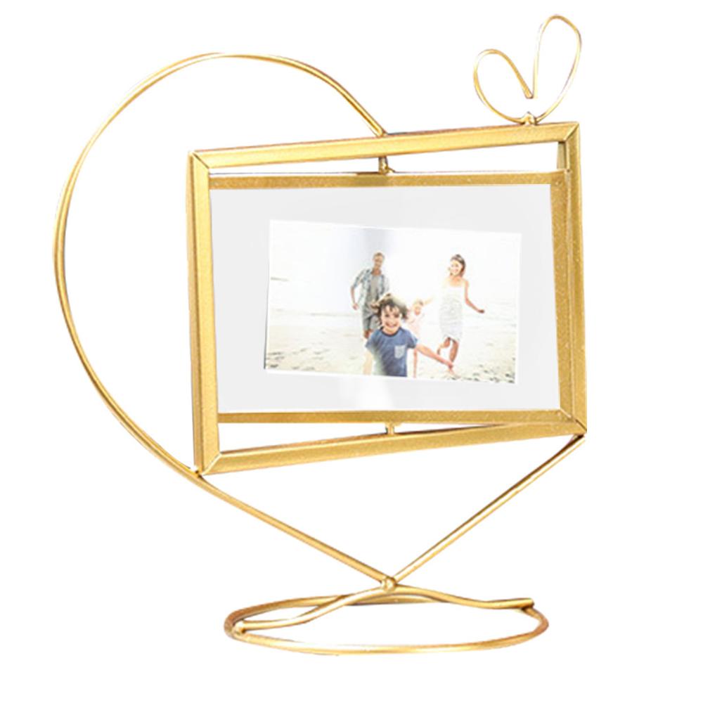 Geometric Golden Metal Photo Frame Desktop Heart Picture Frames for Portraits and Landscape Photo Rotating Photo Frame: A