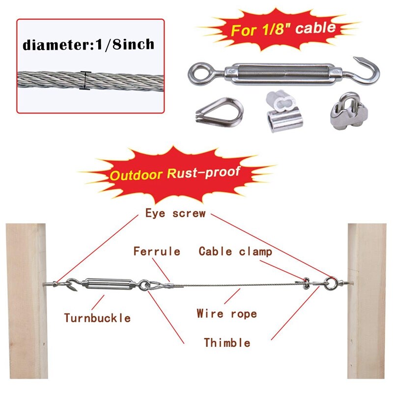 -4 Pack 1/8 Inch Cable Railing Kit Included Stainless Steel Hook Eye Turnbuckle Tension Wire Rope Cable Clamp Thimble
