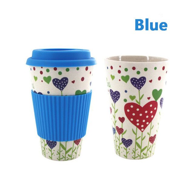 400ml Reusable Bamboo Fibre Coffee Cup Coffee Tea Mug Wheat Straw Travel with Silicone Lid: blue