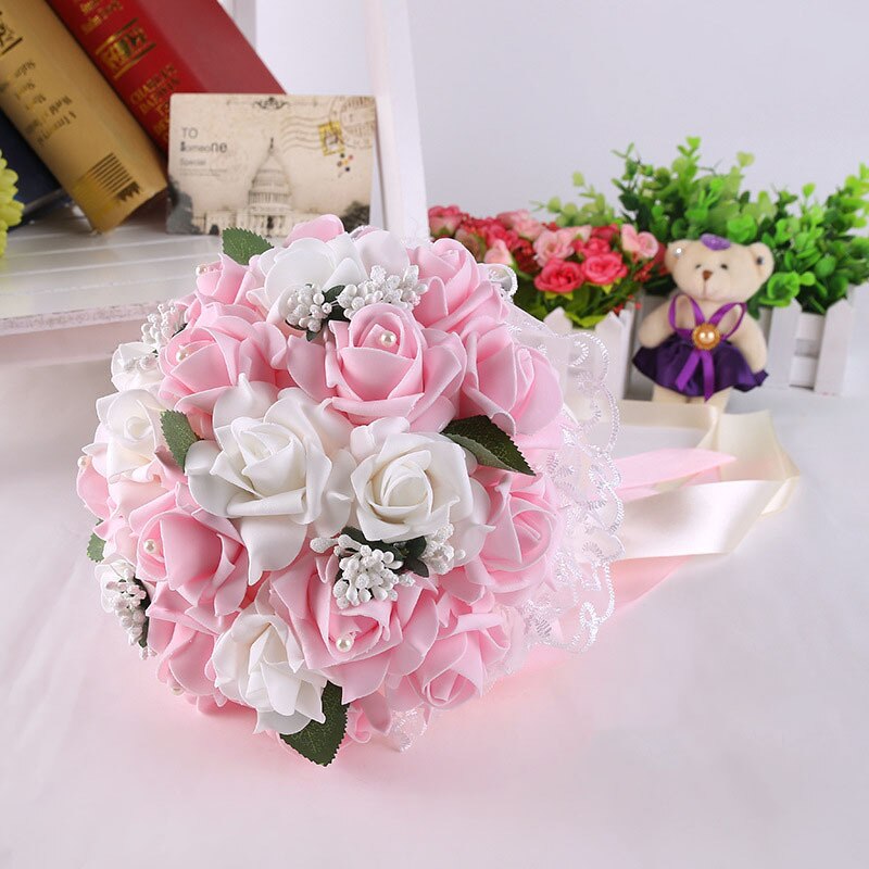 Pink Red White Purple Wedding Bouquet Flowers Bridal Bridesmaid Flower Bouquet Artificial PE Flower Rose Bride Bouquet Flowers: White Pink