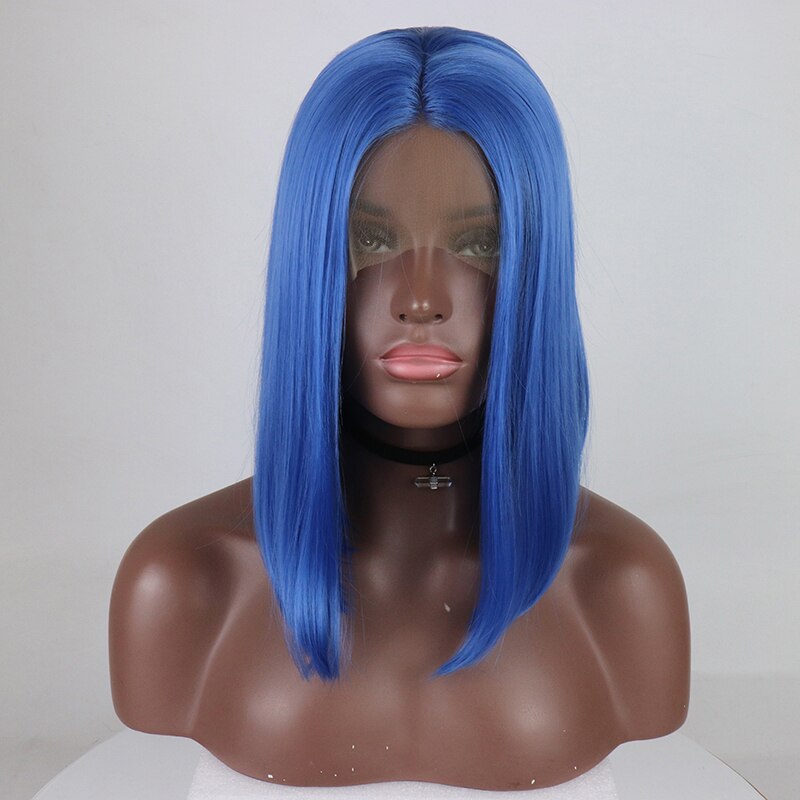 Bob azul frente do laço cabelo sintético em linha reta curto peruca do laço pré arrancado com o cabelo do bebê para preto