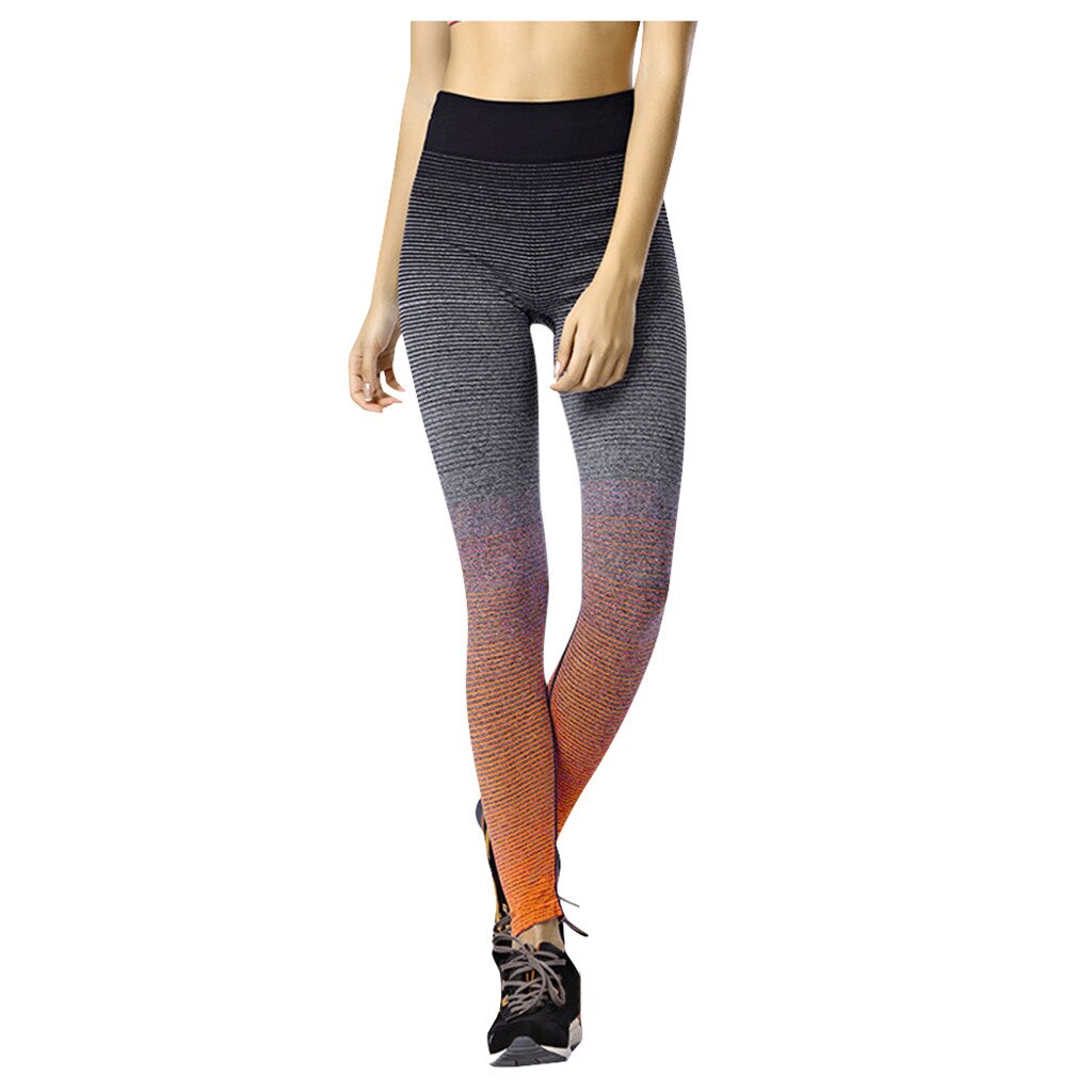 Vrouwen Gradiënt Kleur Hoge Taille Stretch Slim Sneldrogende Running Gym Yoga Broek Sport Fitness Leggings Athletic Broek #40: Orange  / M