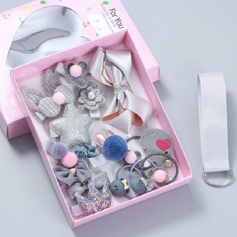 18 st baby hårklämma söt tecknad glitter kanin prinsessa krona hårspänne huvudbonad band rosett hårnålar blomma håraccessoarer: Grå låda