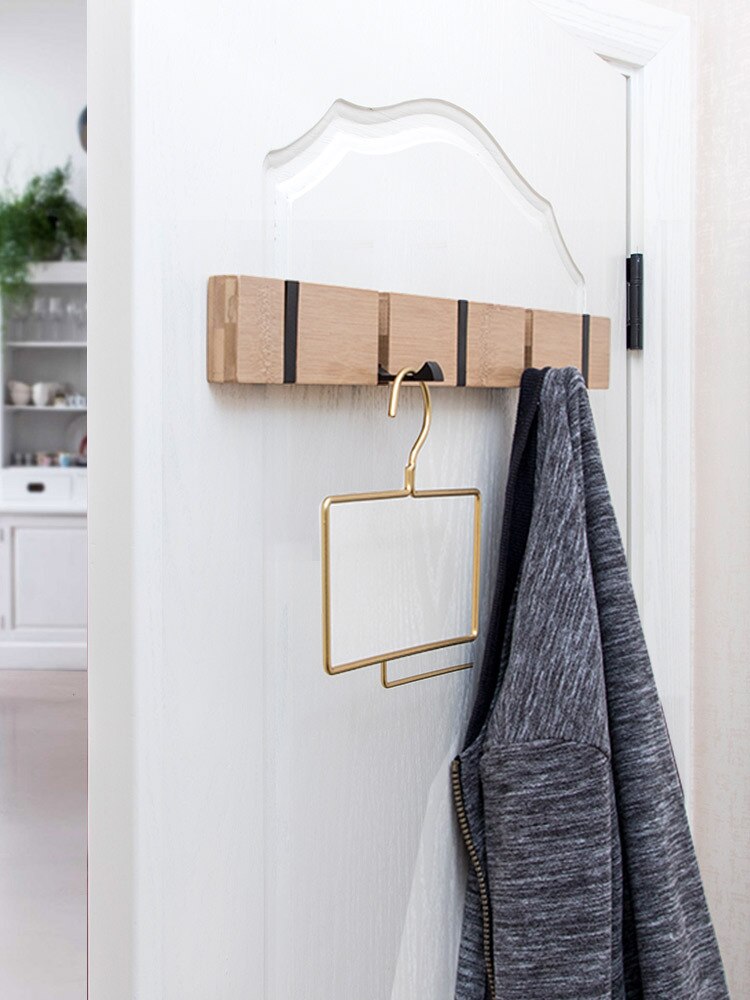 Bamboo Foldable Coat Towel Hooks Door Hanger Punch Free Multifunction Cap Key Holder Wall Storage Organizer