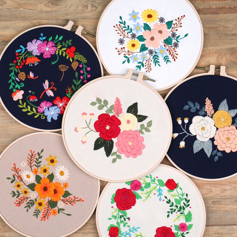 Broderi startpaket för nybörjare blommor diy korsstygns kit med broderiband