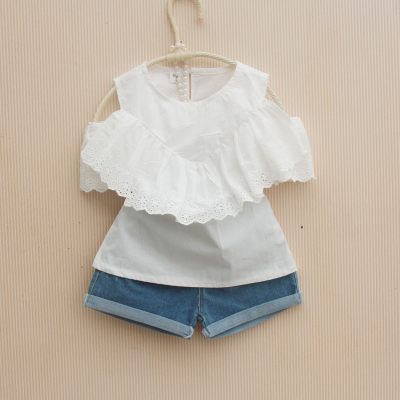 Kindermeisjes zomerkleding kinder witte blouse katoenen ruches off shoulder shirts tiener schoolmeisjes tops en blouses