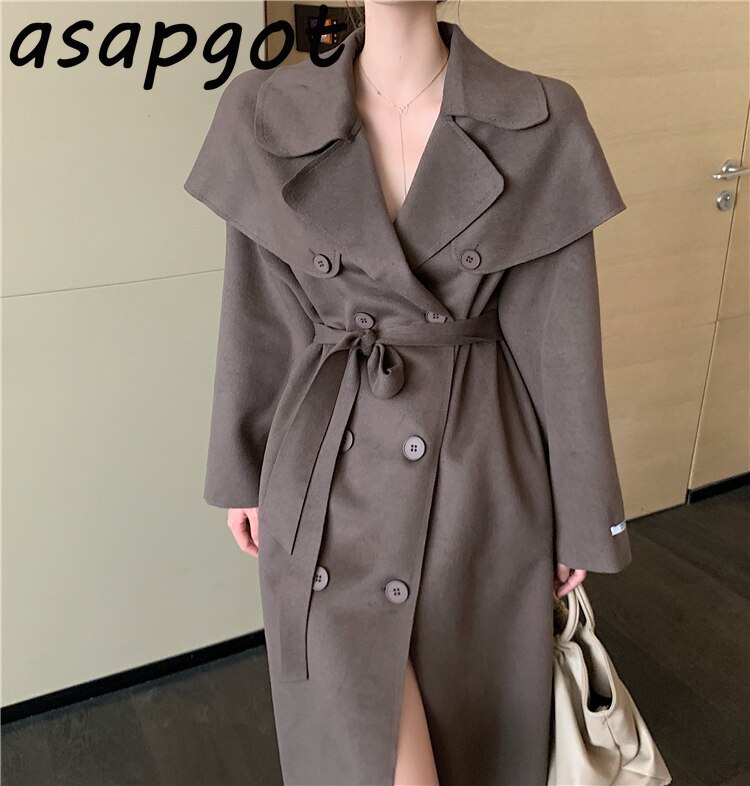 Chic Vintage blanc revers Double boutonnage Trench femmes à lacets longues taille manteau de laine automne hiver tempérament en vrac