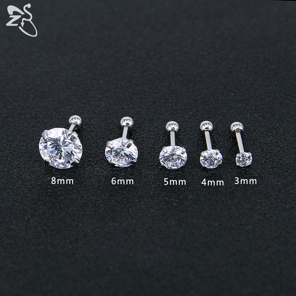 Zs 4 Pairs 3-8Mm Glanzende Zirconia Stud Oorbel Set 316L Rvs Oorstekers Oor Tragus helix Schelp Kraakbeen Piercings
