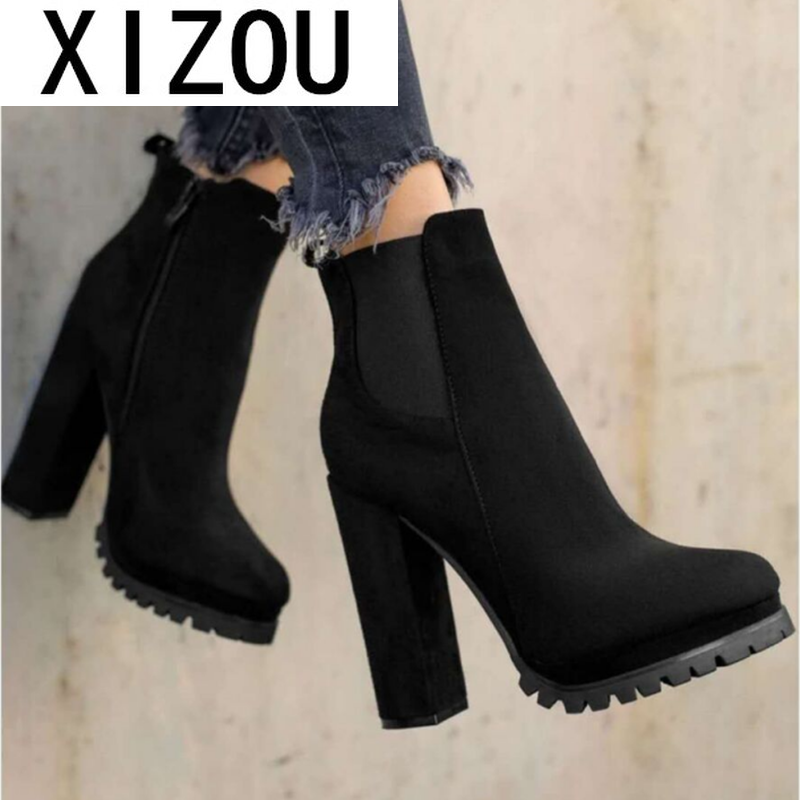 ¡Novedad de ! Botines de mujer elásticos con plataforma de tacón grueso abrigados de otoño invierno botas negras de trabajo para mujer