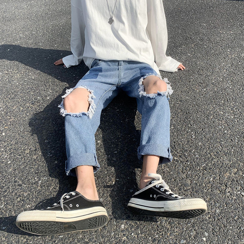 Sommar slitna raka jeans herr retro casual hole jeans herr streetwear wild lös hip hop jeansbyxor herr m -2xl