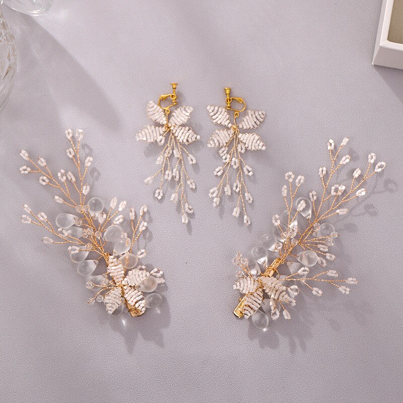 FORSEVEN Bridal Jewelry Set Shiny Crystal Hair Clip and Earring Flower Headdress Hair Clip Earring Set Wedding Jewelry Set: Default Title
