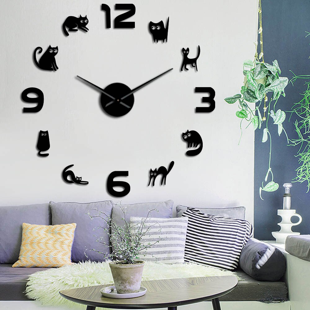 Acrylic Cute Cat Cat Digital Art Wall Sticker Clock DIY Large Mute Wall Clock Pet Cat Home Decoration Wall Watch Modern