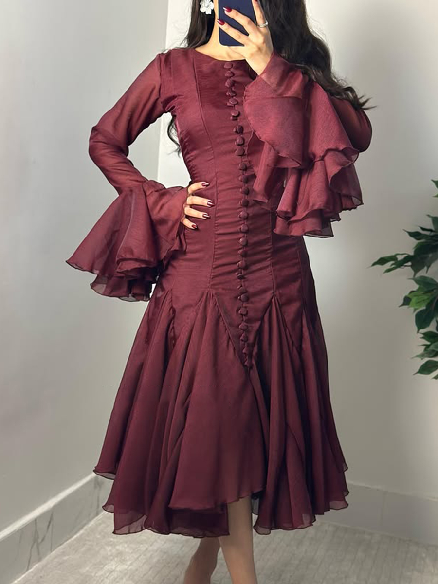 VGH Solide Abnehmen Verstärktes Geschmack Kleider Für Frauen Rundhals aufflackern Hülse Hohe Taille Drapierte Saum Temperament Kleid Weibliche Neue