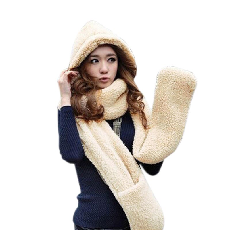 Vinter varme kvinder hættetrøje handsker lomme ørepind hat lang tørklæde sjal snood wraps sæt vinter tørklæder til kvinder: Beige