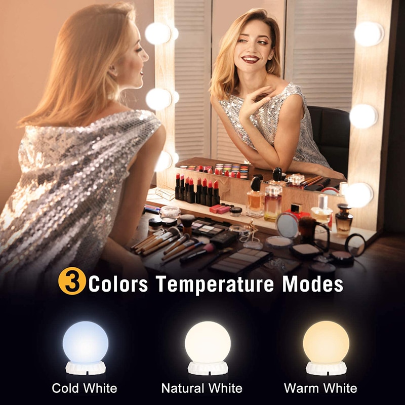 Juego de luces LED para espejo de tocador, de estilo Hollywood, 3 colores, 10 bombillas regulables, tira de accesorios de iluminación para maquillaje, tocador
