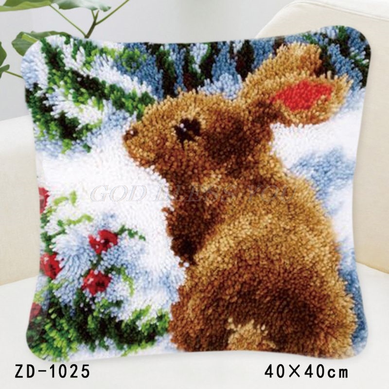 Animal Series Latch Hook Rug Kits Dogs 3D Segment Embroidery Pillow Wool Cross Stitch Carpet Embroidery DIY Latch Hook Pillow: 1025-Brown Rabbit
