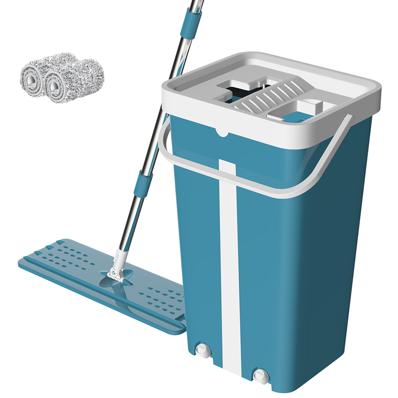 Magic Cleaning Mops Free Hand Mop with Bucket Floors Squeeze Flat Mop with Water Home Kitchen Floor Cleaner: Blue 2 mops