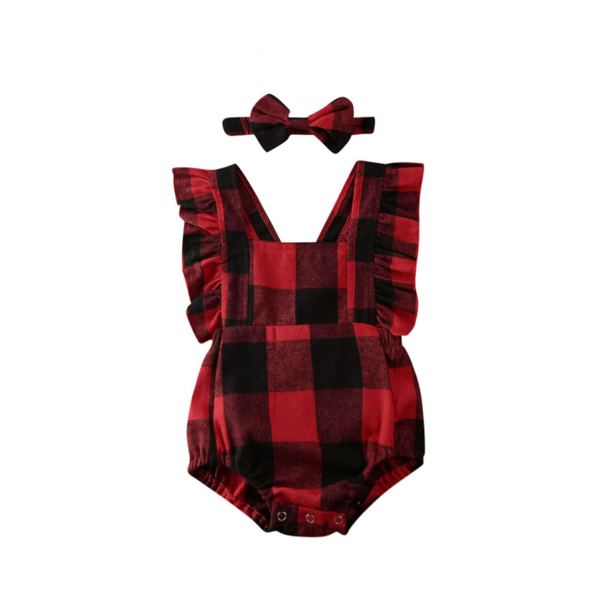 Baby Summer Clothing Newborn Baby Boy Girl Christmas Red Plaid Bodysuit Headband 2Pcs Outfit Xmas Set Ruffled Sleevless Set