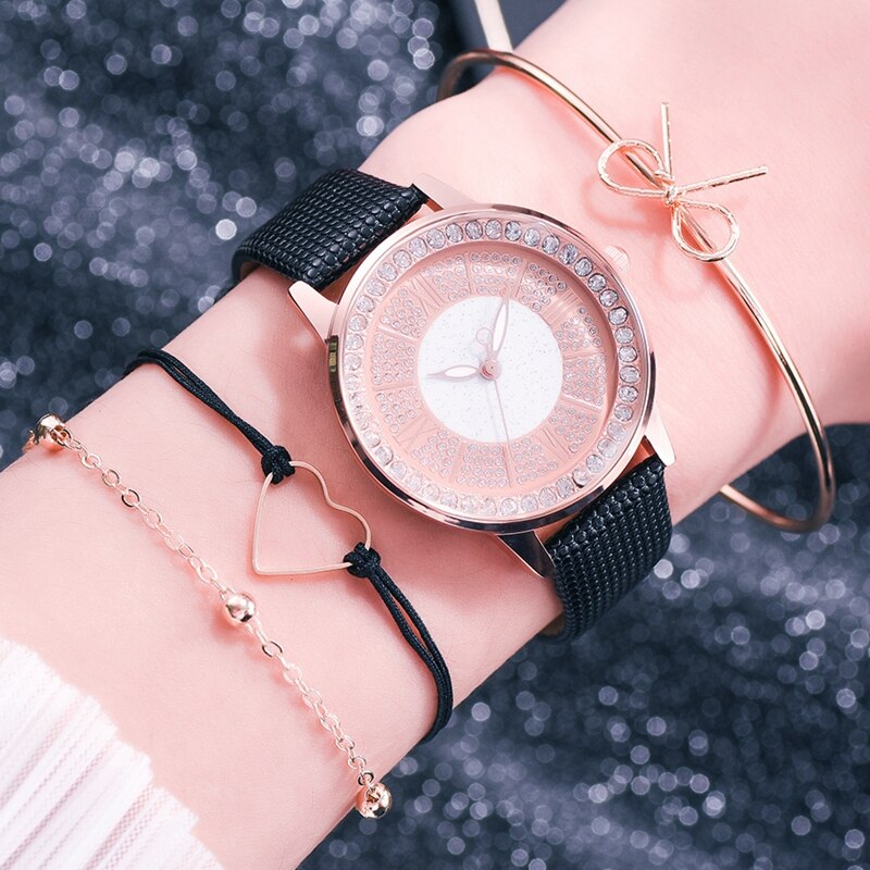 Dames leren sporthorloges quartzhorloges dames polshorloge dameshorloge met strass en armband: Leren zwarte set