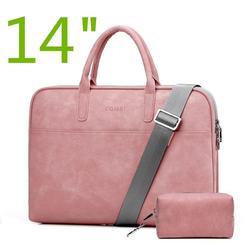 Waterproof PU Leather Laptop Case 13 14 15 Inch Business Handbag Notebook Tablet Briefcase with One Extra Adapter Bag: Pink-14inch
