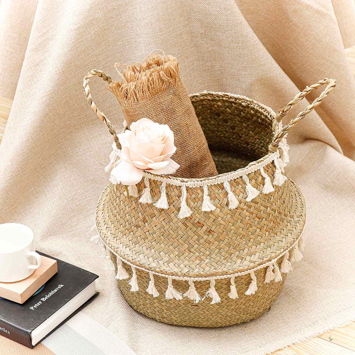 Panier de rangement pliable en osier avec pompon | Pot de fleurs naturel tissé à la maison, panier à linge