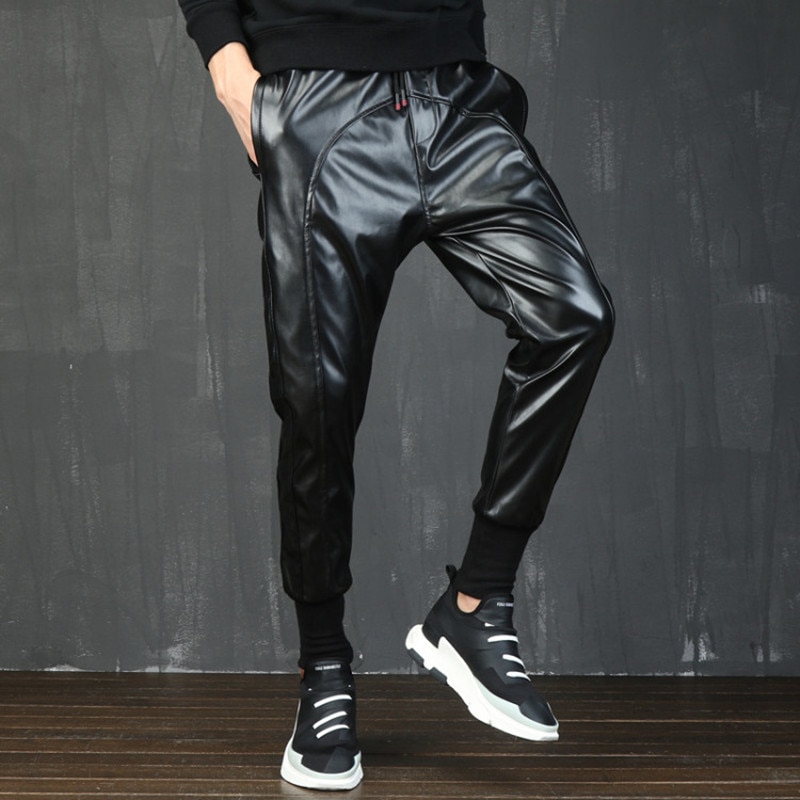 Pantalones de chándal de imitación de cuero para hombre Hip Hop punk pu motocicleta Harem pantalones de chándal para hombre traje para actuación de discoteca pantalones de retales 110101