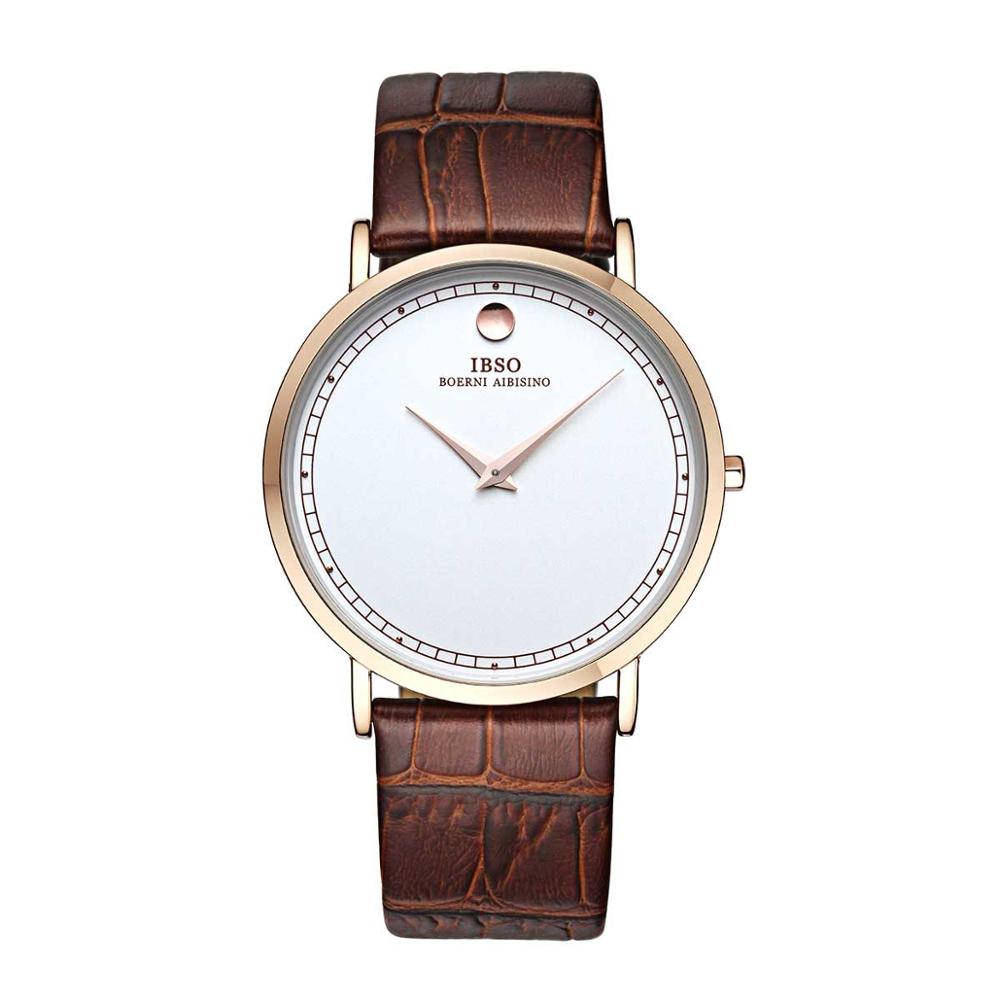 IBSO Eenvoudige Stijl Ultra Dunne Heren Horloges Quartz Horloges Lederen Band Casual Horloges B2220G: B2220-PWS