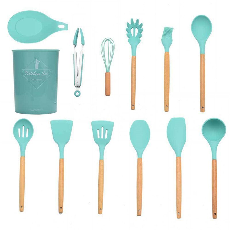 9/11/12 st silikonset matlagningsredskap set non-stick spatel spade trähandtag matlagningsredskap set med köksredskap förvaringslåda: Tiffany -12 st-b