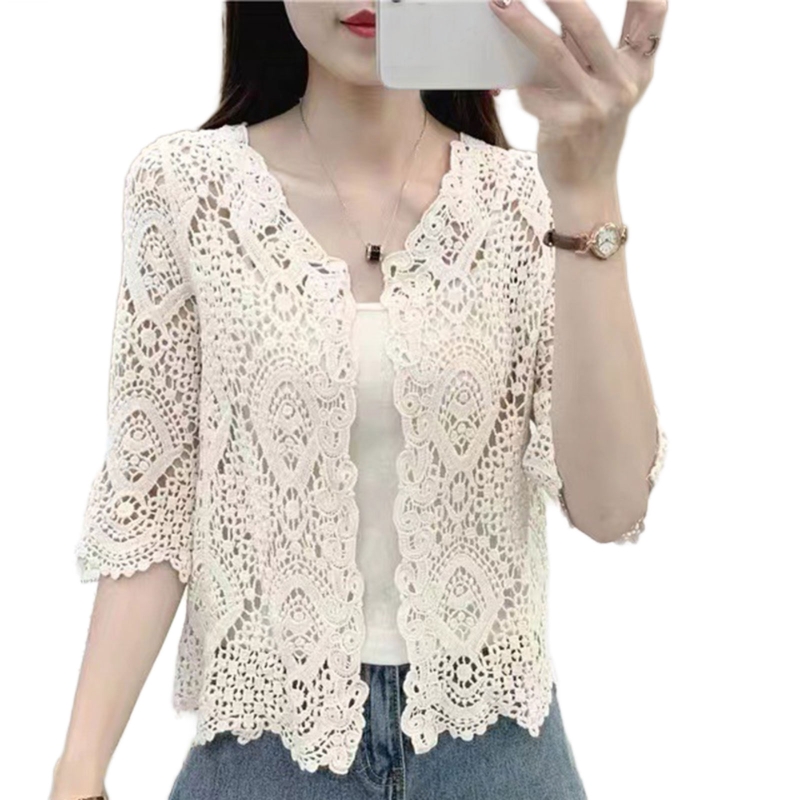 Women Knitted Lace Shrug Boho Hollow Crochet Floral 3/4 Sleeves Open Front Cropped Cardigan Mesh Sweater Coveup: Beige