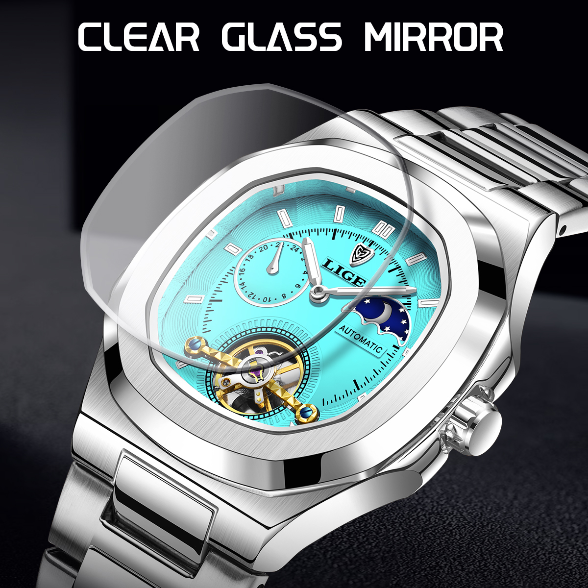 Reloj LIGE Tourbillon de doble segundo, reloj mecánico de 24 horas, reloj auténtico de acero inoxidable para hombre, reloj resistente al agua con brillo nocturno para hombre