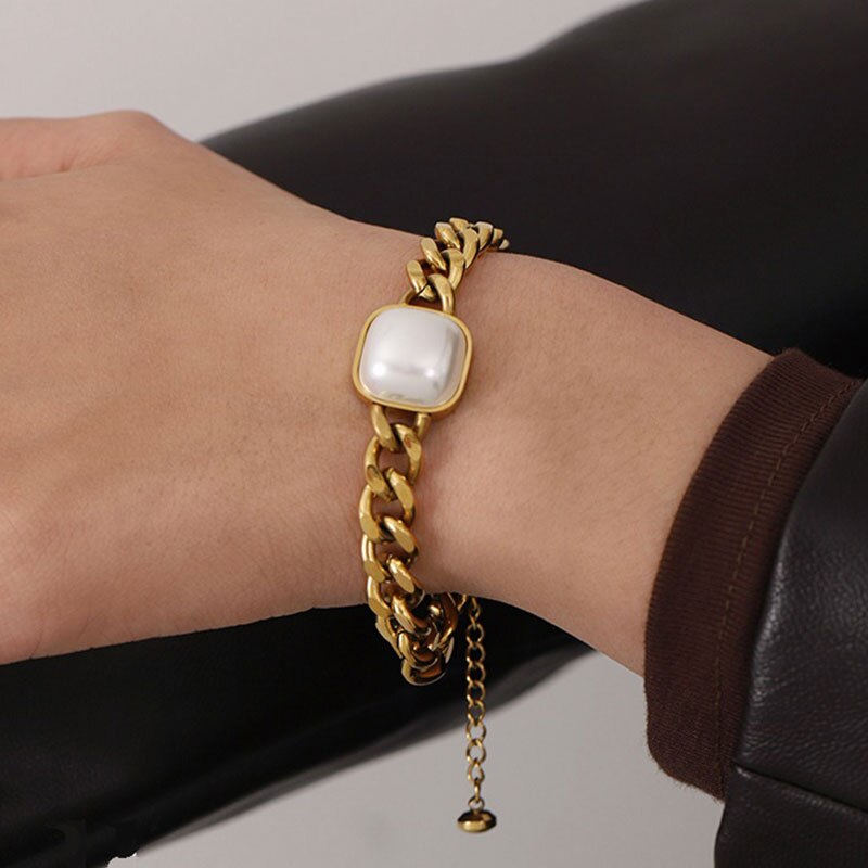HUANZHI-pulsera de doble capa con perlas grandes y formas geométricas para mujer y niña, brazalete hueco, de joyería para , novedad de: 3