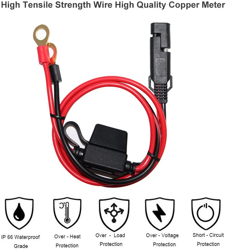 [2 pacote] 2ft motocicleta carregador de bateria cabo, sae para o anel terminal de desconexão rápida montagem cabo de extensão,