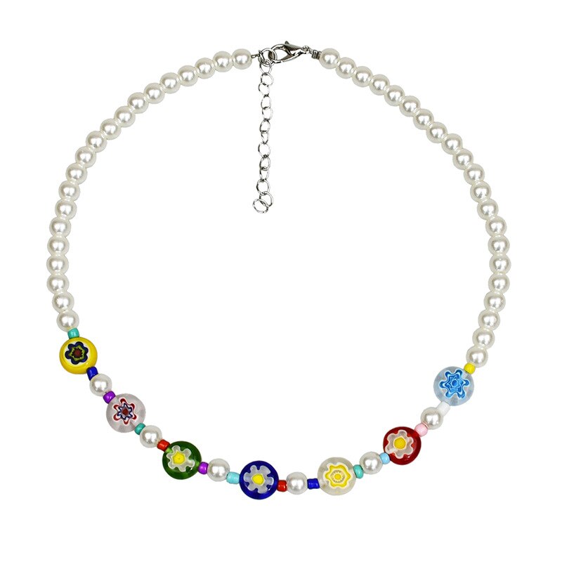 HUANZHI Korea Sweet Metal Chain Transparent Colorful Beaded Irregular Flowers Pearl Necklace for Women Party Jewelry