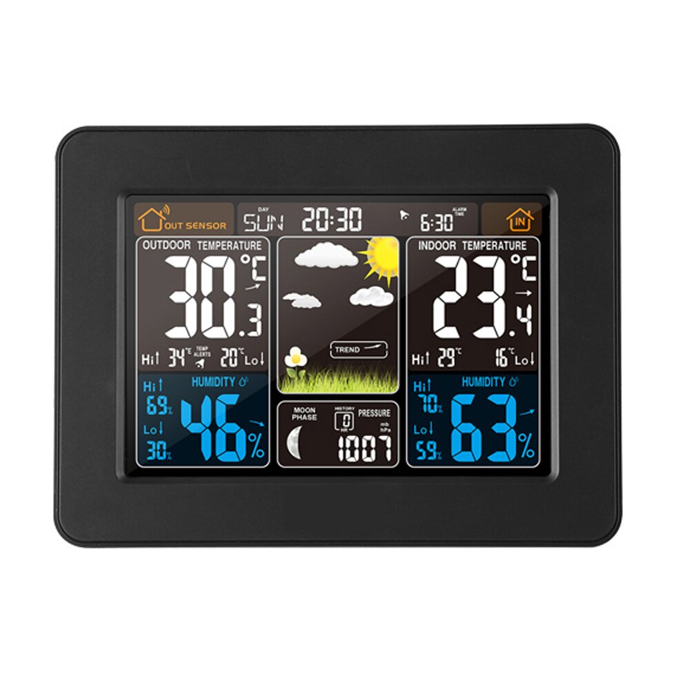 Weather Station Multi-Function Digital Clock Temperature Humidity Sensor Alarm ClockMoon Phase Desk Table LCD Alarm Clock: Black