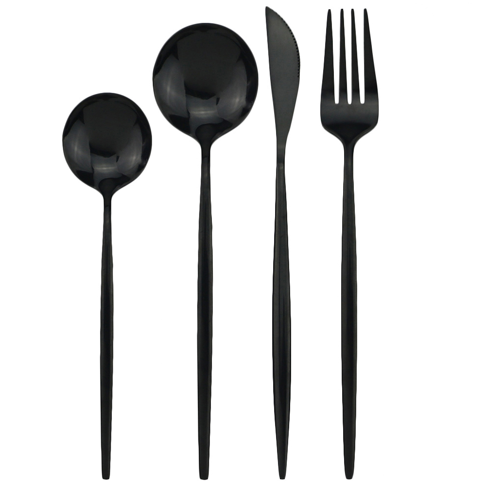 JANKNG 4Pcs Black Dinnerware Set Dessert Spoon Flatware Set Stainless Steel Tableware Mirror Kitchen Gold Cutlery Silverware Set