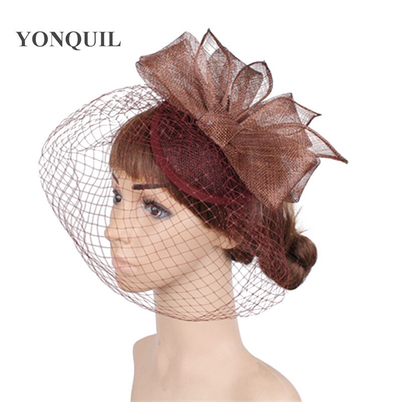 17 Colors bridal party wedding hat veils sinamay fascinator cocktai headpiece birthday veilling hats millinery MYQ097: Brown