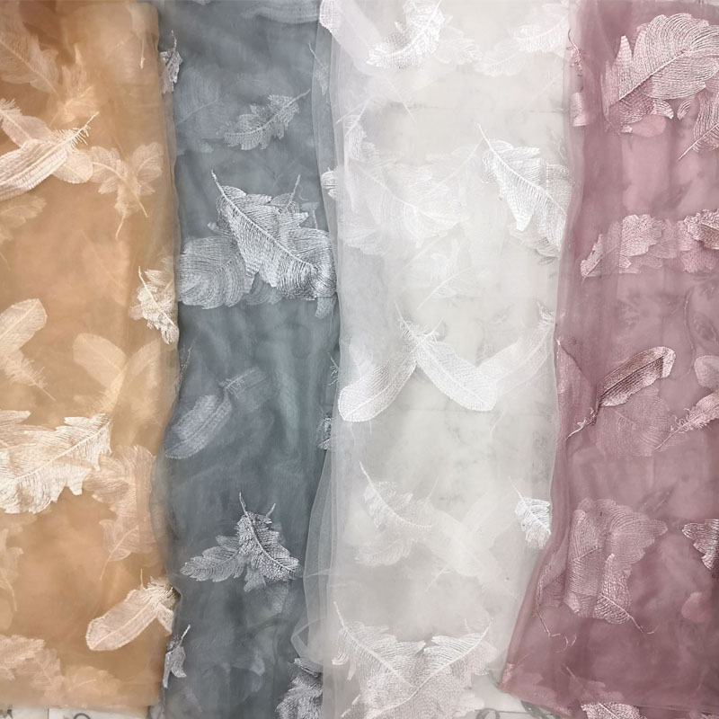 Tylli pehmeä kirjailtu iso höyhen pitsi verkkokangas vaatetus mekko kirjonta vaatekangas harsokangas