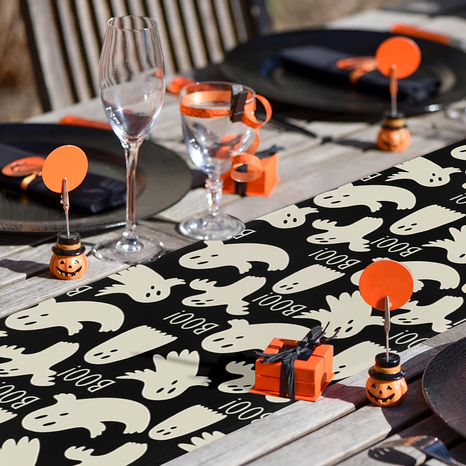 Camino de mesa de tela de fantasma de Halloween bohemio, decoración del hogar, camino de mesa de cocina negro festivo tejido, adecuado para suministros de