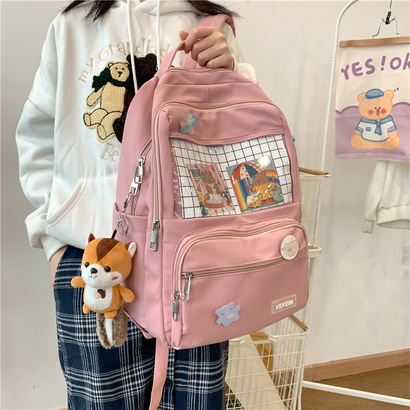 Moda ITA plecak wodoodporny Nylon dla kobiet Laptop panie śliczny żeński plecak Kawaii Student mężczyźni przezroczysty tornister: Różowy / Only-Bag