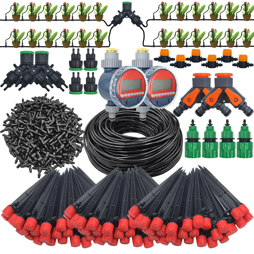 Garden Drip Irrigation System Adjustable Sprinkler Drippers 1/4'' Hose Ball Valve Timer Watering Flowers Lawn Greenhouse