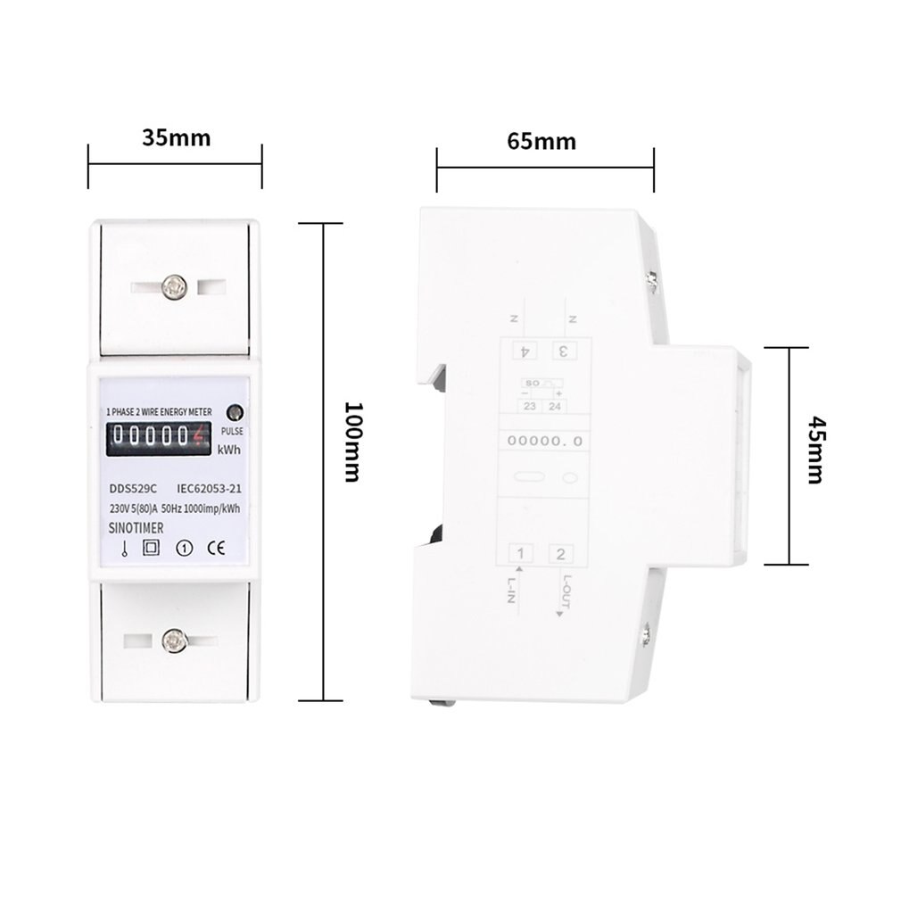 Automatic Single Phase 2 Wire Electric Energy Counter AC 230V 5-80A Analog Watt Measurement Meter 35mm DIN Rail Mounting