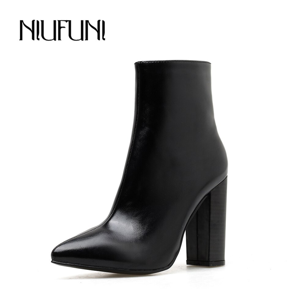 Niufuni nahkasaappaat naisten kengät korkokengät mustat nilkkurit teräväkärkiset lyhyt botas pu nahka paksukorkoiset naisten kengät