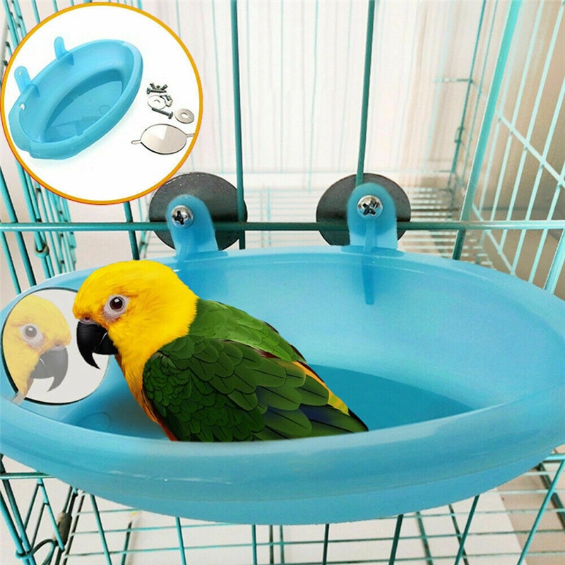 Bird Water Bath Tub With Mirror For Pet Bird Cage Hanging Bowl Parrots Parakeet Birdbath