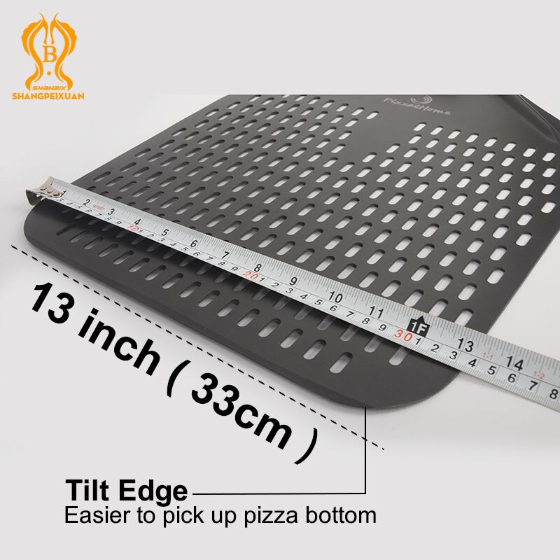Shangpeixuan 13 tommers perforert pizzaskall aluminium rektangulær pizzaskuff hardt belegg pizzaskall padle kort pizzaverktøy