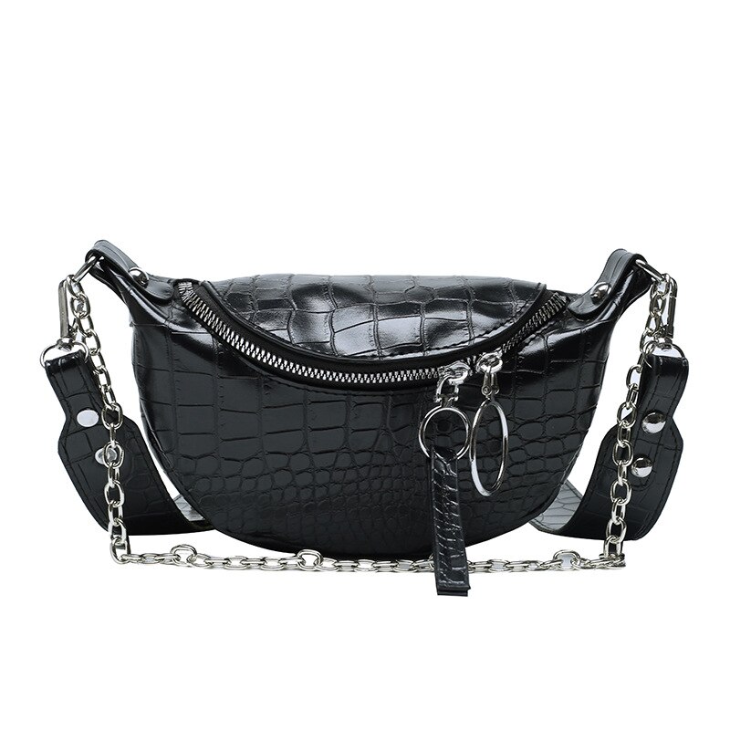 Crocodile femmes taille sacs large sangle poitrine poche ceinture sac chaîne épaule sac de messager boulettes banane sac: Black Shoulder Bag