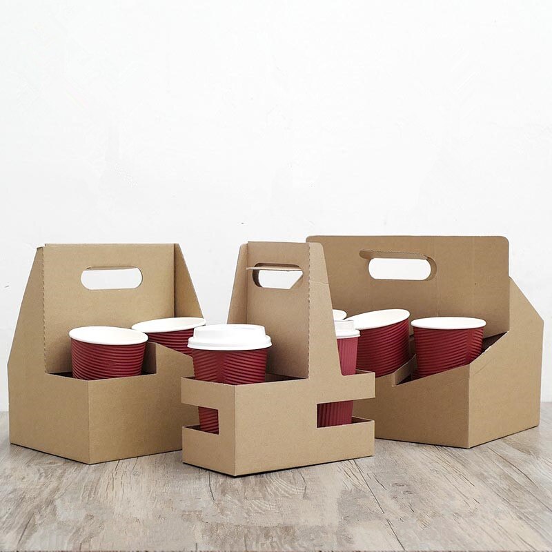 10pcs Net red kraft paper cup holder 2/4/6 cup coffee milk tea takeout packaging box thickened paper plastic cup beverage tray